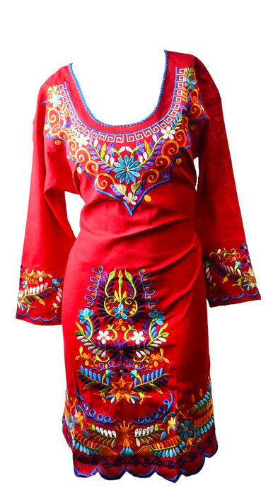 Kimono Embroidered Traditional Mexican Scoop Neck Dress