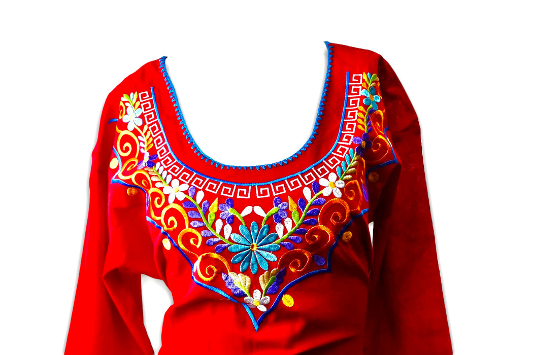 Kimono Embroidered Traditional Mexican Scoop Neck Dress