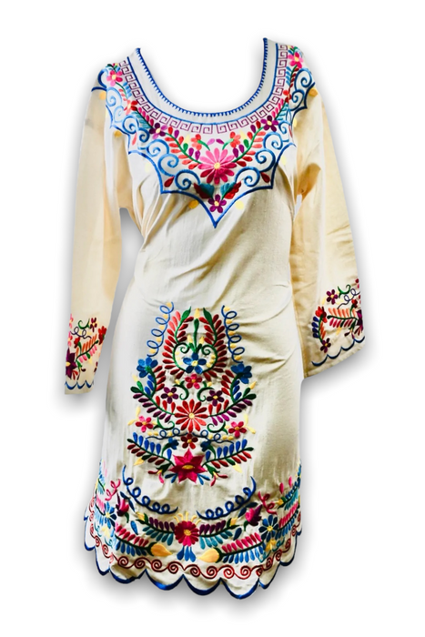 Kimono Embroidered Multi Colored Floral Design Mexican Dress