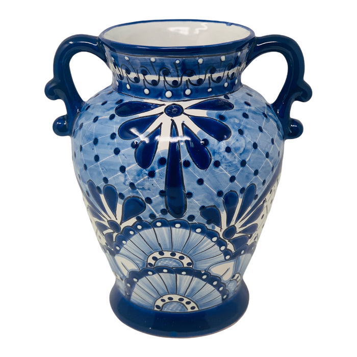 Authentic Mexican Talavera Ceramic Vase| Blue Floral Design Vase| 11 Inch Talavera Vase