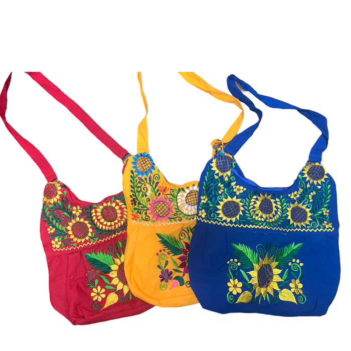 Mexican Floral Embroidered Purse With Zipper Across Body, Shoulder Bag