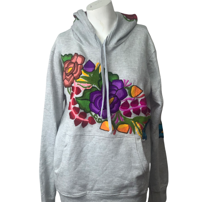 Embroidered Floral Grey Mexican Sweater With Hood Design Embroidered Hoodie